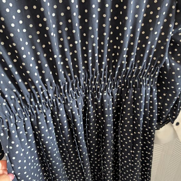 Zara Polka Dot Pleated Dress Navy Blue White Collar Cuffs Size Small Retro - Picture 12 of 13